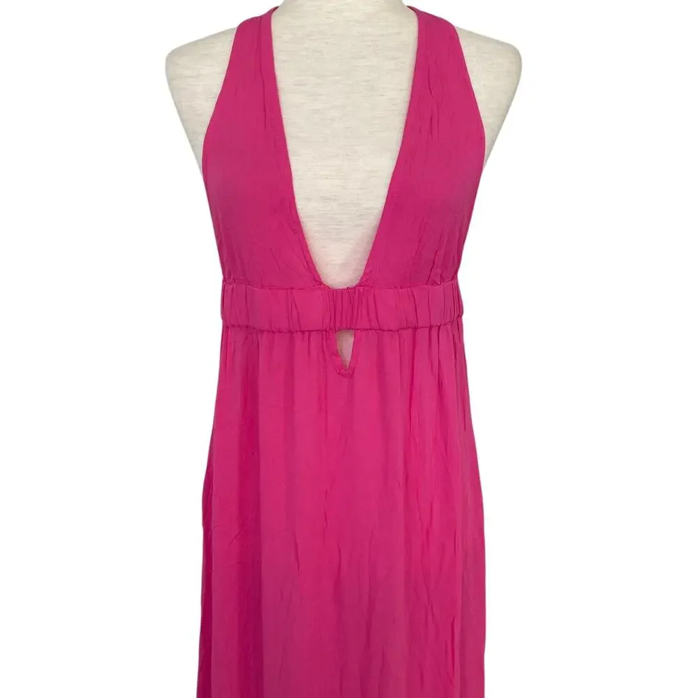 NEW SHADE & SHORE Pink Plunge Neck Swimsuit Cover Up Dress Double Slit Medium